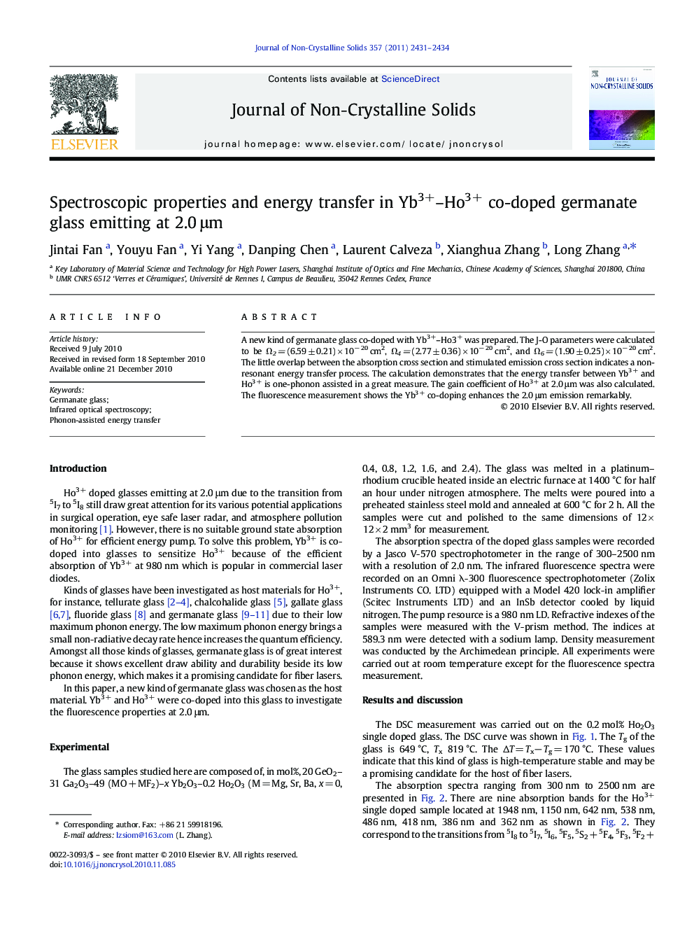 Spectroscopic properties and energy transfer in Yb3+-Ho3+ co-doped germanate glass emitting at 2.0Â Î¼m