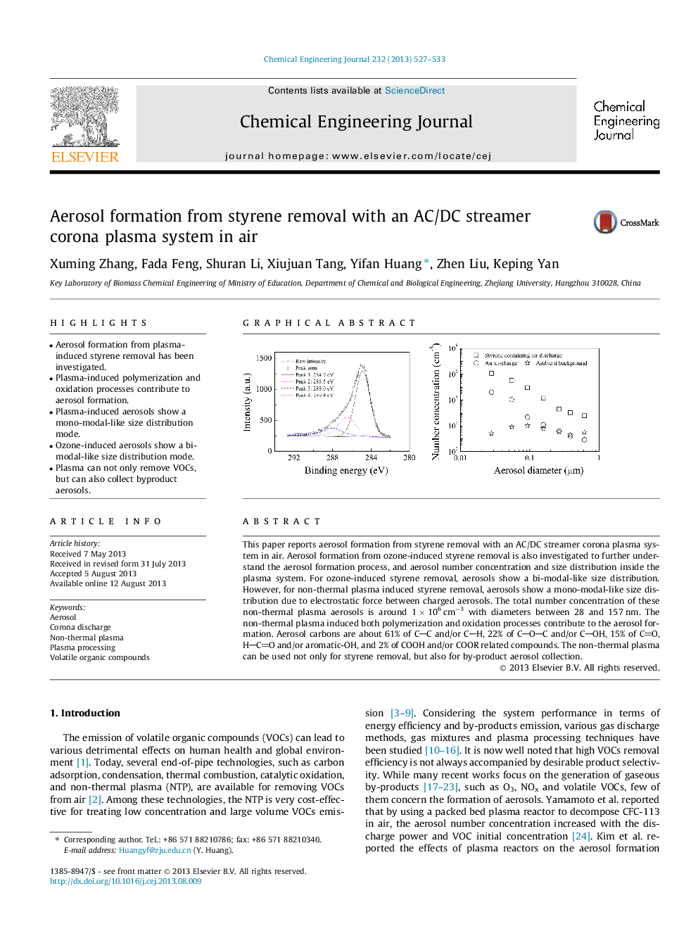 Aerosol formation from styrene removal with an AC/DC streamer corona plasma system in air