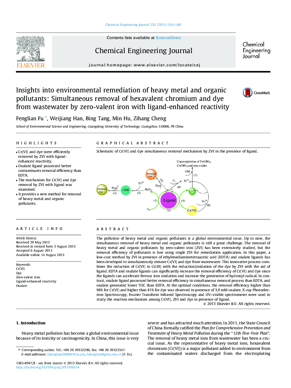 عکس صفحه اول مقاله: Insights into environmental remediation of heavy metal and organic pollutants: Simultaneous removal of hexavalent chromium and dye from wastewater by zero-valent iron with ligand-enhanced reactivity Insights into environmental remediation of heavy metal and organic pollutants: Simultaneous removal of hexavalent chromium and dye from wastewater by zero-valent iron with ligand-enhanced reactivity