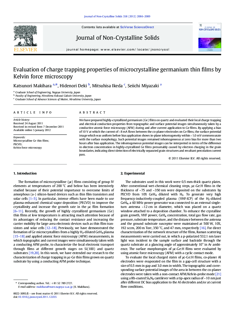 Evaluation of charge trapping properties of microcrystalline germanium thin films by Kelvin force microscopy