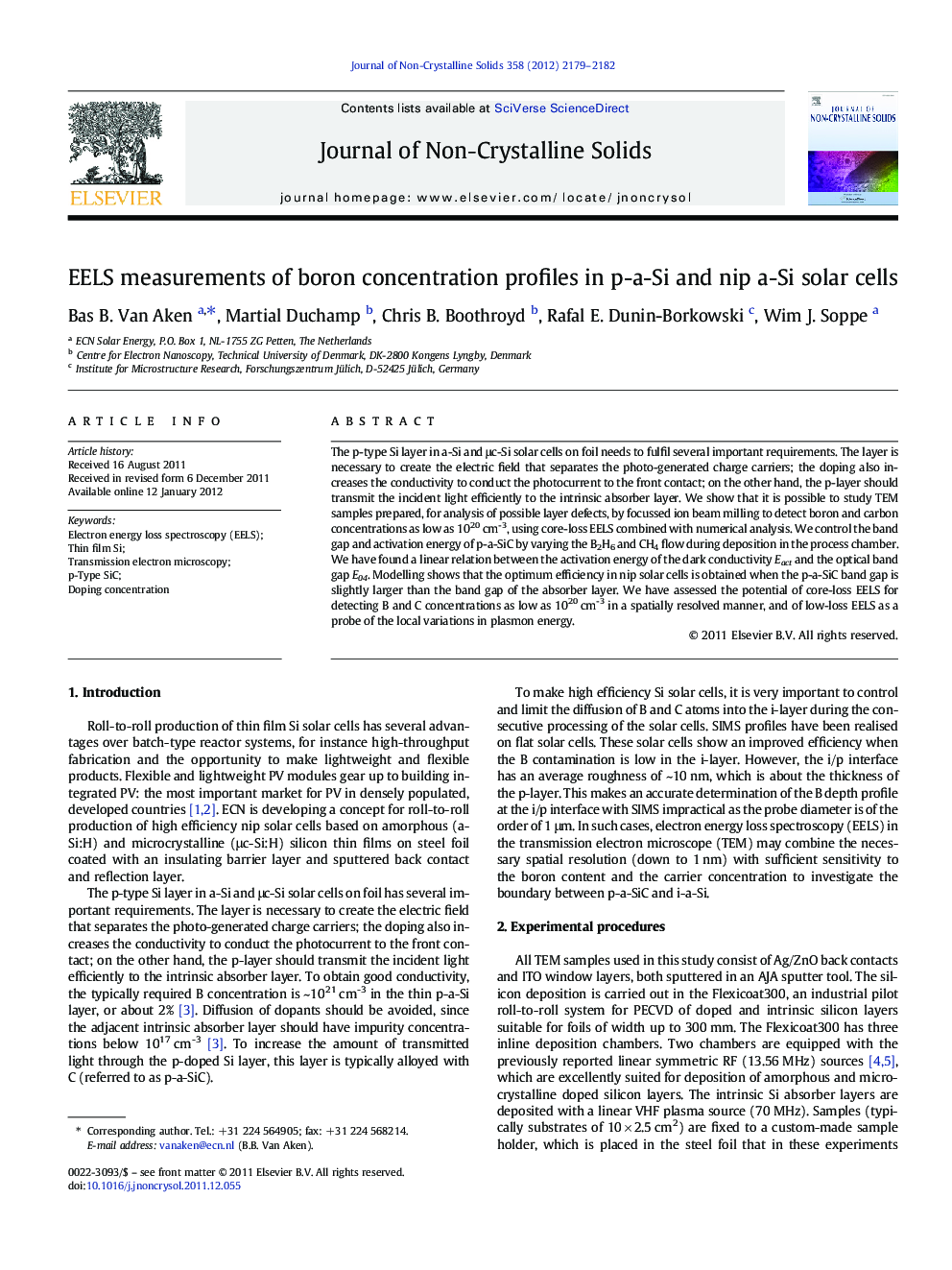 EELS measurements of boron concentration profiles in p-a-Si and nip a-Si solar cells