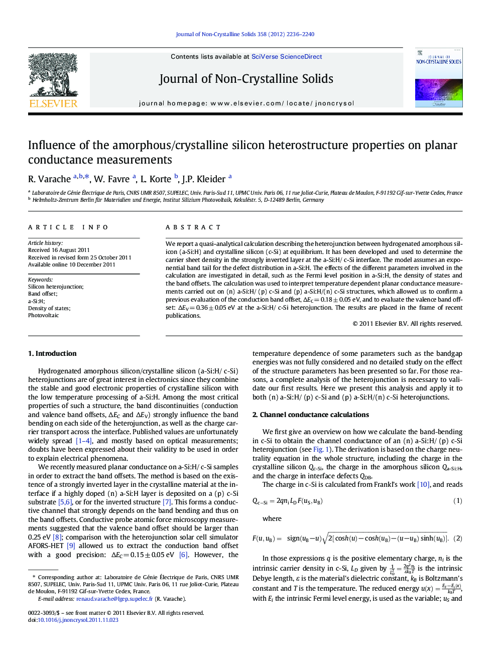 Influence of the amorphous/crystalline silicon heterostructure properties on planar conductance measurements