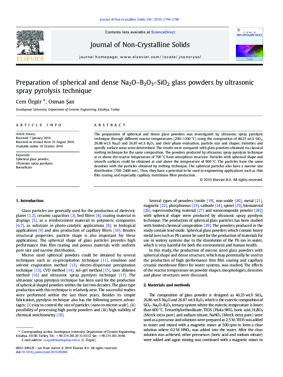 Preparation of spherical and dense Na2O–B2O3–SiO2 glass powders by ultrasonic spray pyrolysis technique