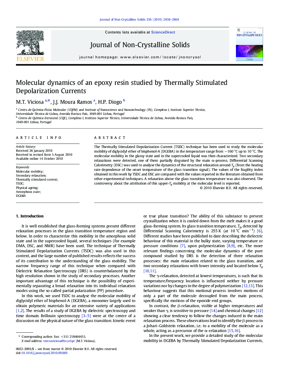 عکس صفحه اول مقاله: Molecular dynamics of an epoxy resin studied by Thermally Stimulated Depolarization Currents Molecular dynamics of an epoxy resin studied by Thermally Stimulated Depolarization Currents