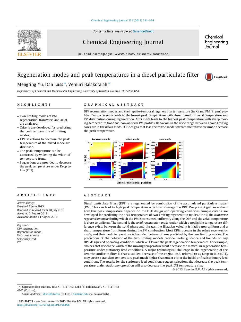 Regeneration modes and peak temperatures in a diesel particulate filter