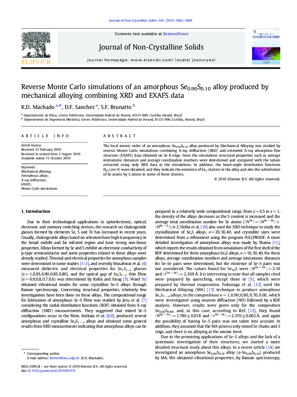 Reverse Monte Carlo simulations of an amorphous Se0.90S0.10 alloy produced by mechanical alloying combining XRD and EXAFS data