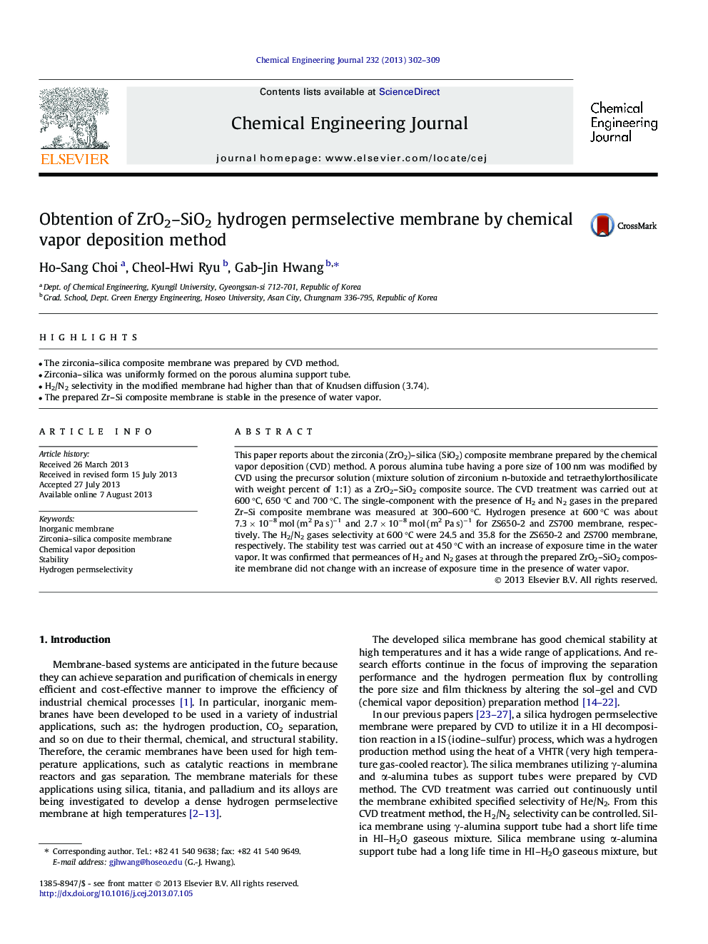 Obtention of ZrO2–SiO2 hydrogen permselective membrane by chemical vapor deposition method