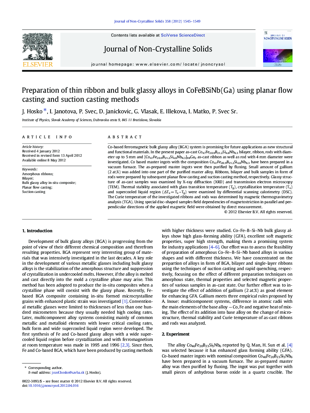 Preparation of thin ribbon and bulk glassy alloys in CoFeBSiNb(Ga) using planar flow casting and suction casting methods