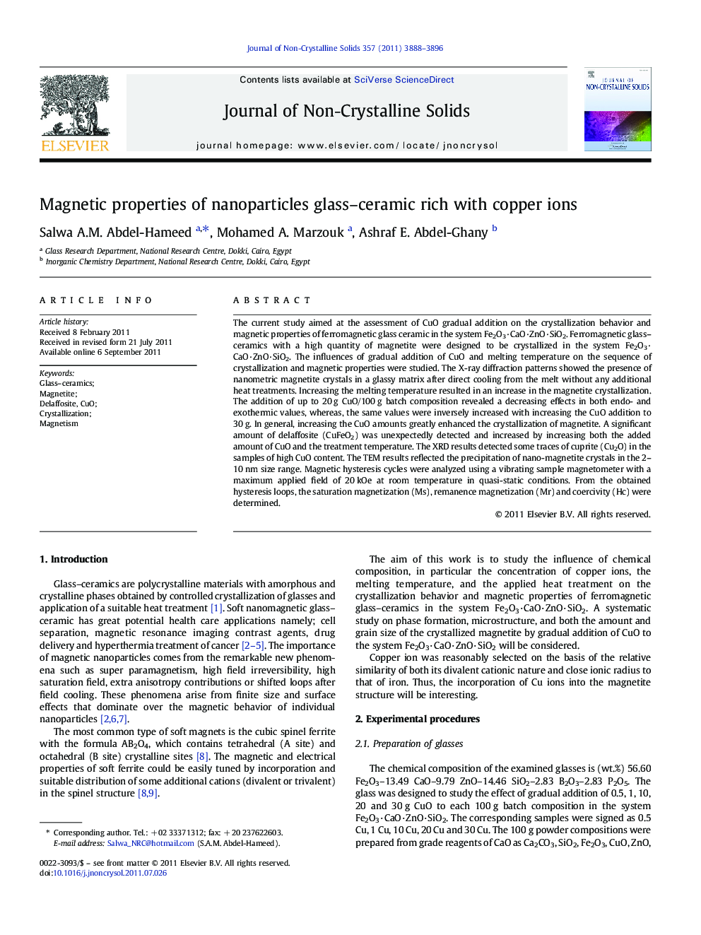 Magnetic properties of nanoparticles glass–ceramic rich with copper ions