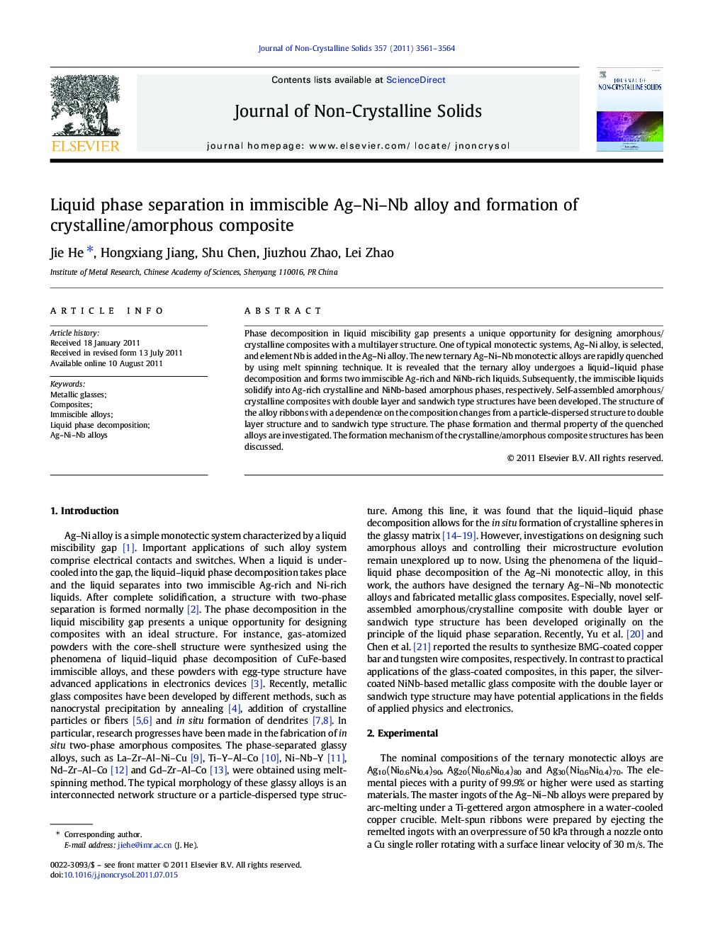 Liquid phase separation in immiscible Ag–Ni–Nb alloy and formation of crystalline/amorphous composite