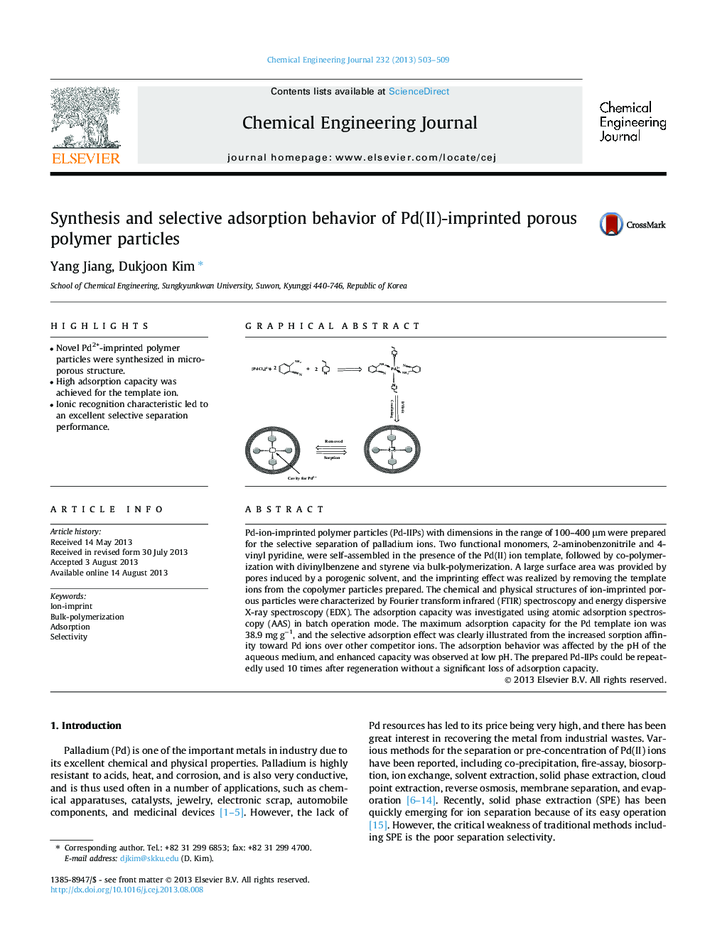 Synthesis and selective adsorption behavior of Pd(II)-imprinted porous polymer particles