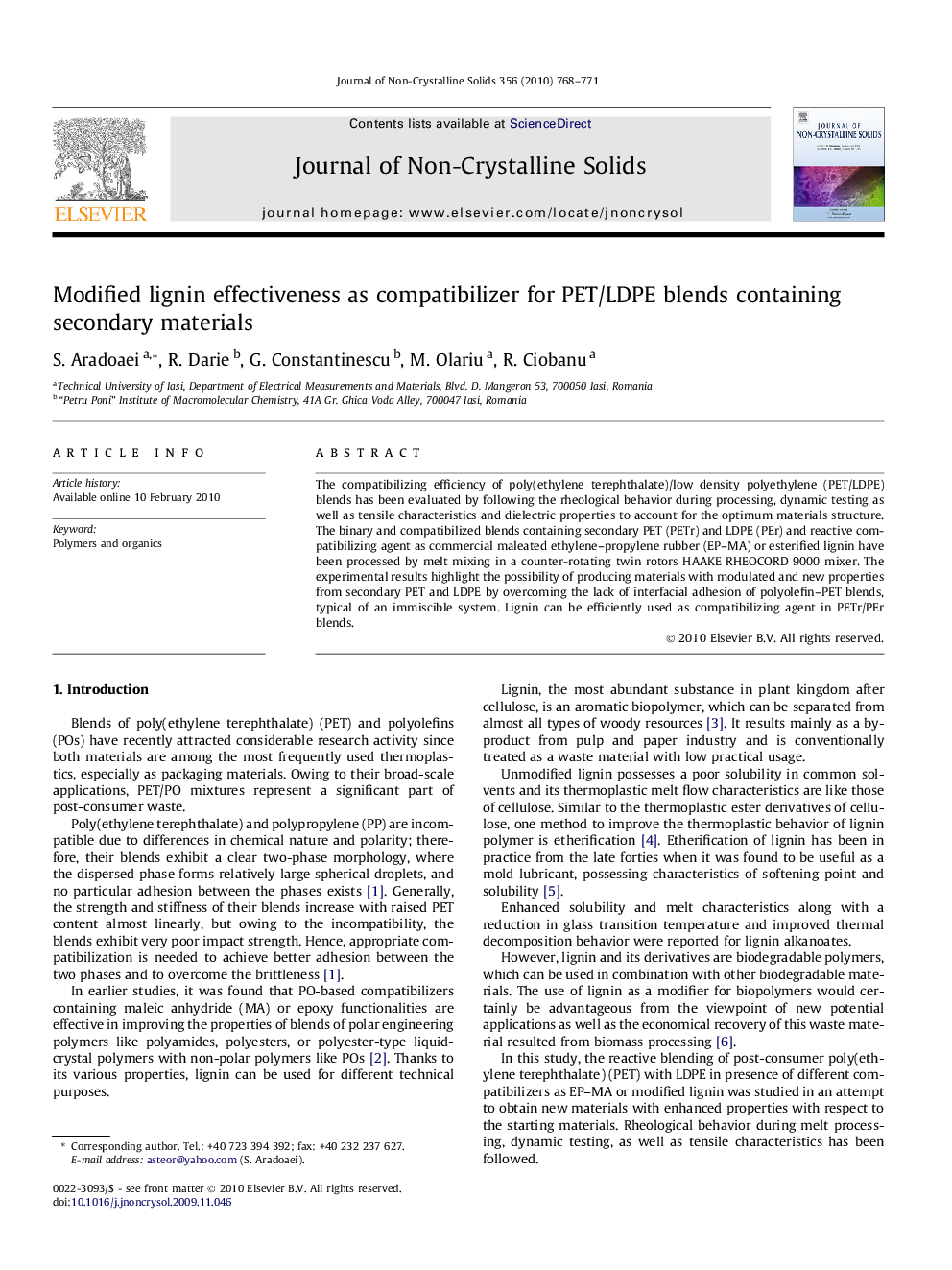 Modified lignin effectiveness as compatibilizer for PET/LDPE blends containing secondary materials