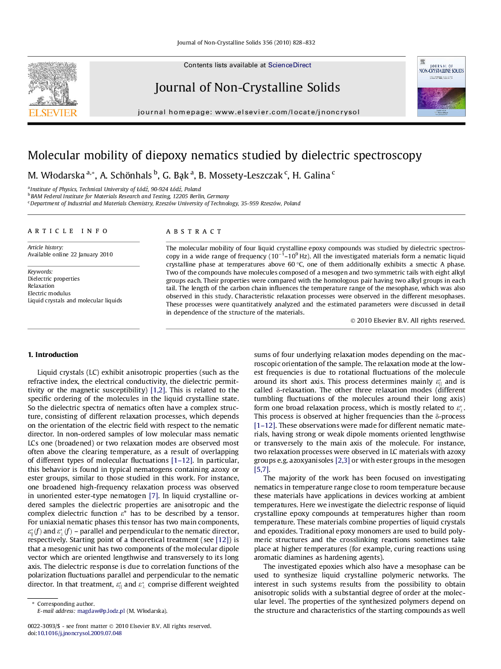 عکس صفحه اول مقاله: Molecular mobility of diepoxy nematics studied by dielectric spectroscopy Molecular mobility of diepoxy nematics studied by dielectric spectroscopy