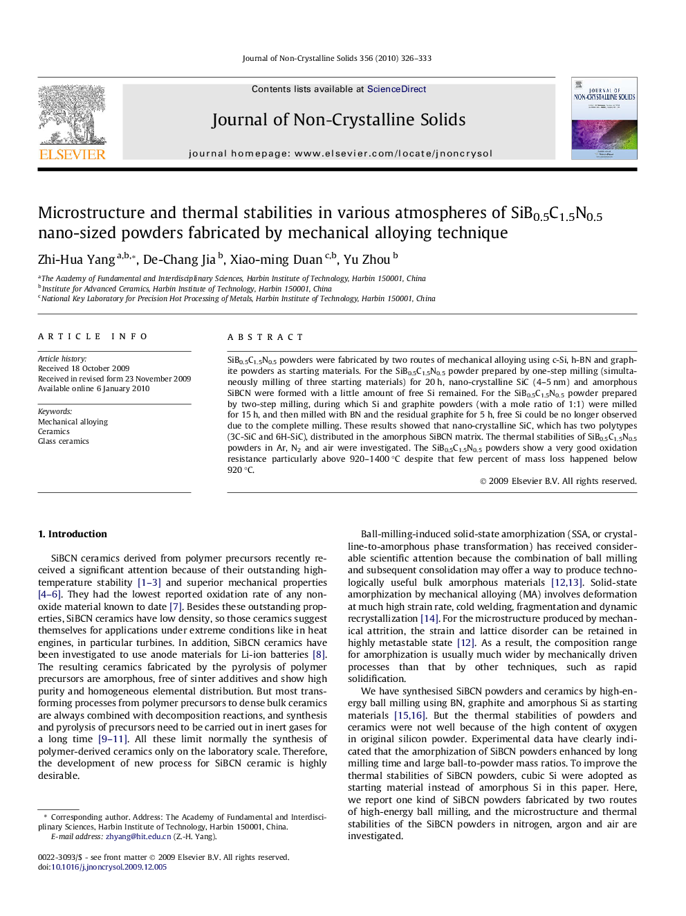 Microstructure and thermal stabilities in various atmospheres of SiB0.5C1.5N0.5 nano-sized powders fabricated by mechanical alloying technique