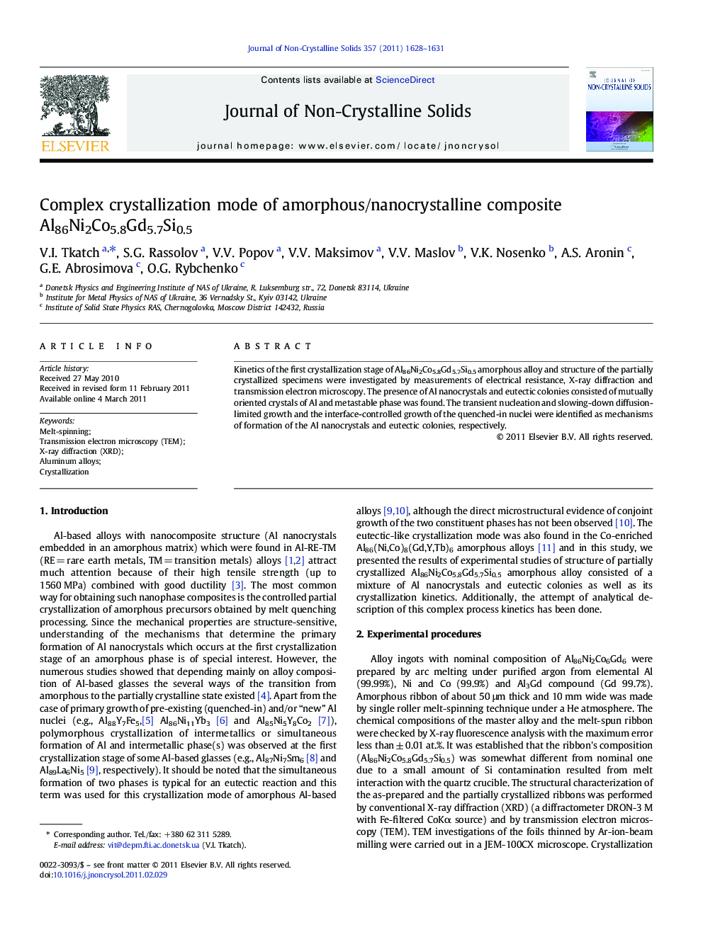 عکس صفحه اول مقاله: Complex crystallization mode of amorphous/nanocrystalline composite Al86Ni2Co5.8Gd5.7Si0.5 Complex crystallization mode of amorphous/nanocrystalline composite Al86Ni2Co5.8Gd5.7Si0.5