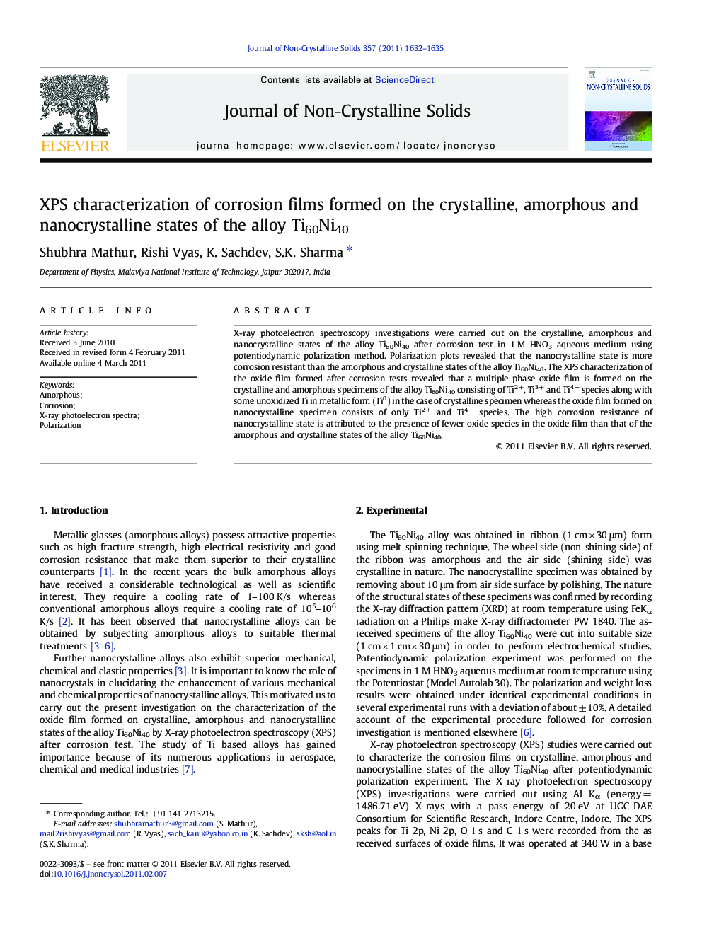 XPS characterization of corrosion films formed on the crystalline, amorphous and nanocrystalline states of the alloy Ti60Ni40