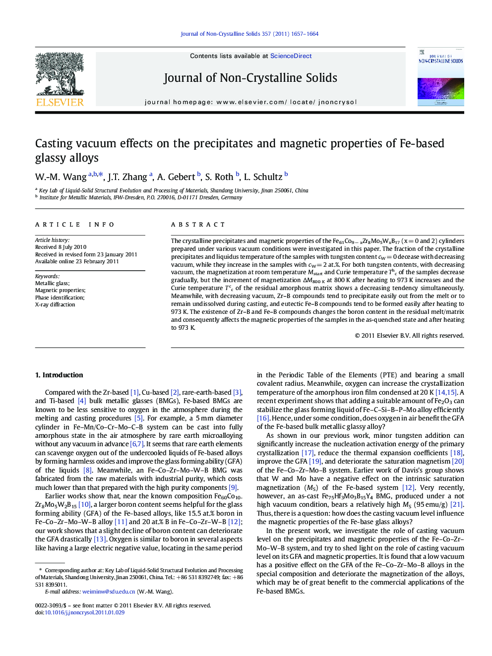 عکس صفحه اول مقاله: Casting vacuum effects on the precipitates and magnetic properties of Fe-based glassy alloys Casting vacuum effects on the precipitates and magnetic properties of Fe-based glassy alloys