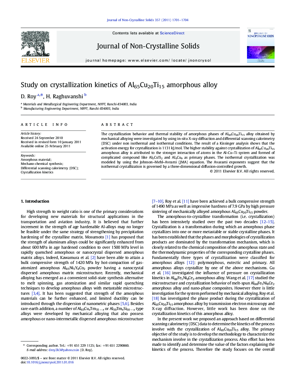عکس صفحه اول مقاله: Study on crystallization kinetics of Al65Cu20Ti15 amorphous alloy Study on crystallization kinetics of Al65Cu20Ti15 amorphous alloy