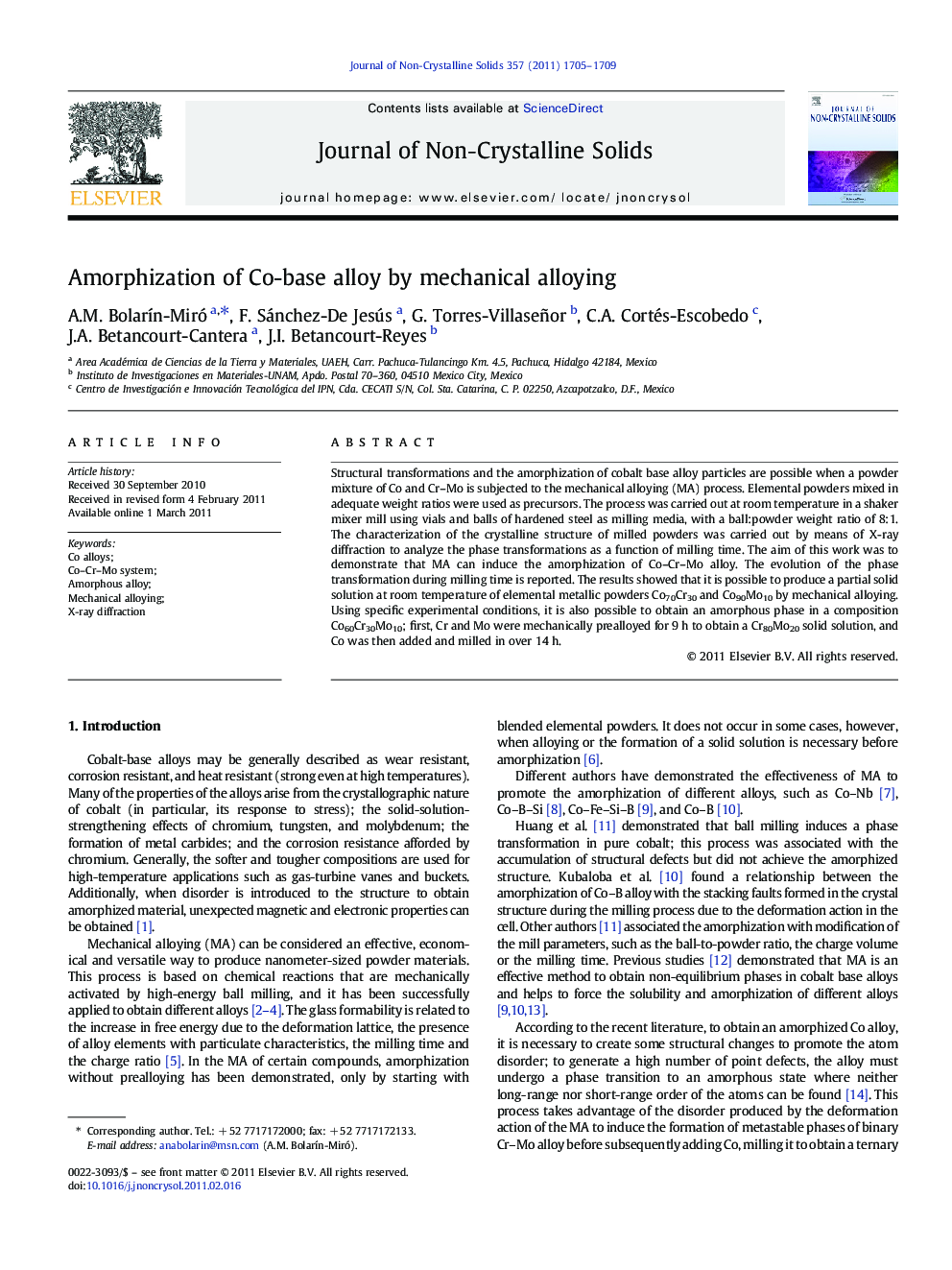 Amorphization of Co-base alloy by mechanical alloying