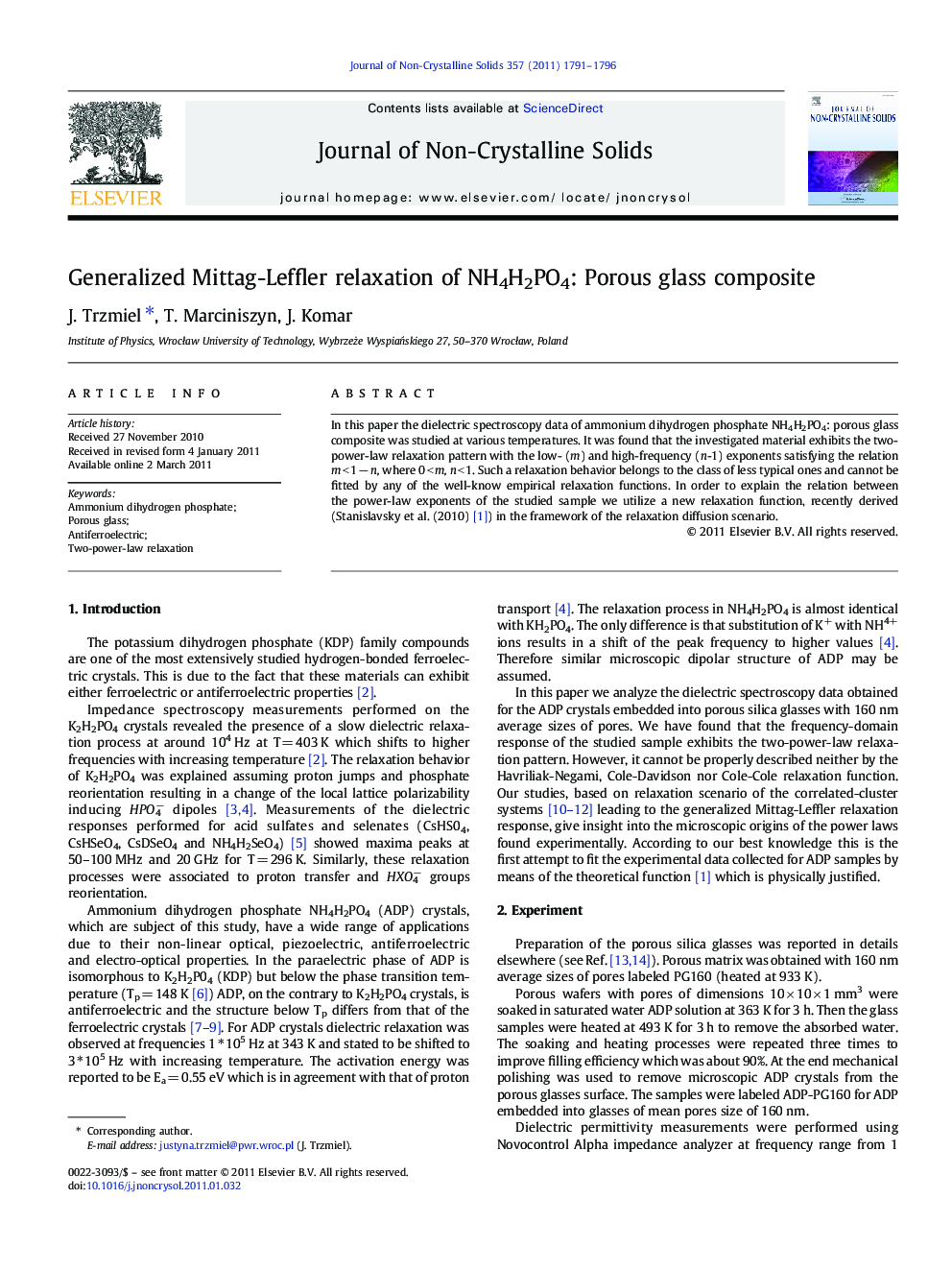 Generalized Mittag-Leffler relaxation of NH4H2PO4: Porous glass composite