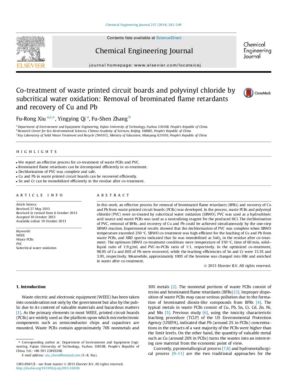 Co-treatment of waste printed circuit boards and polyvinyl chloride by subcritical water oxidation: Removal of brominated flame retardants and recovery of Cu and Pb