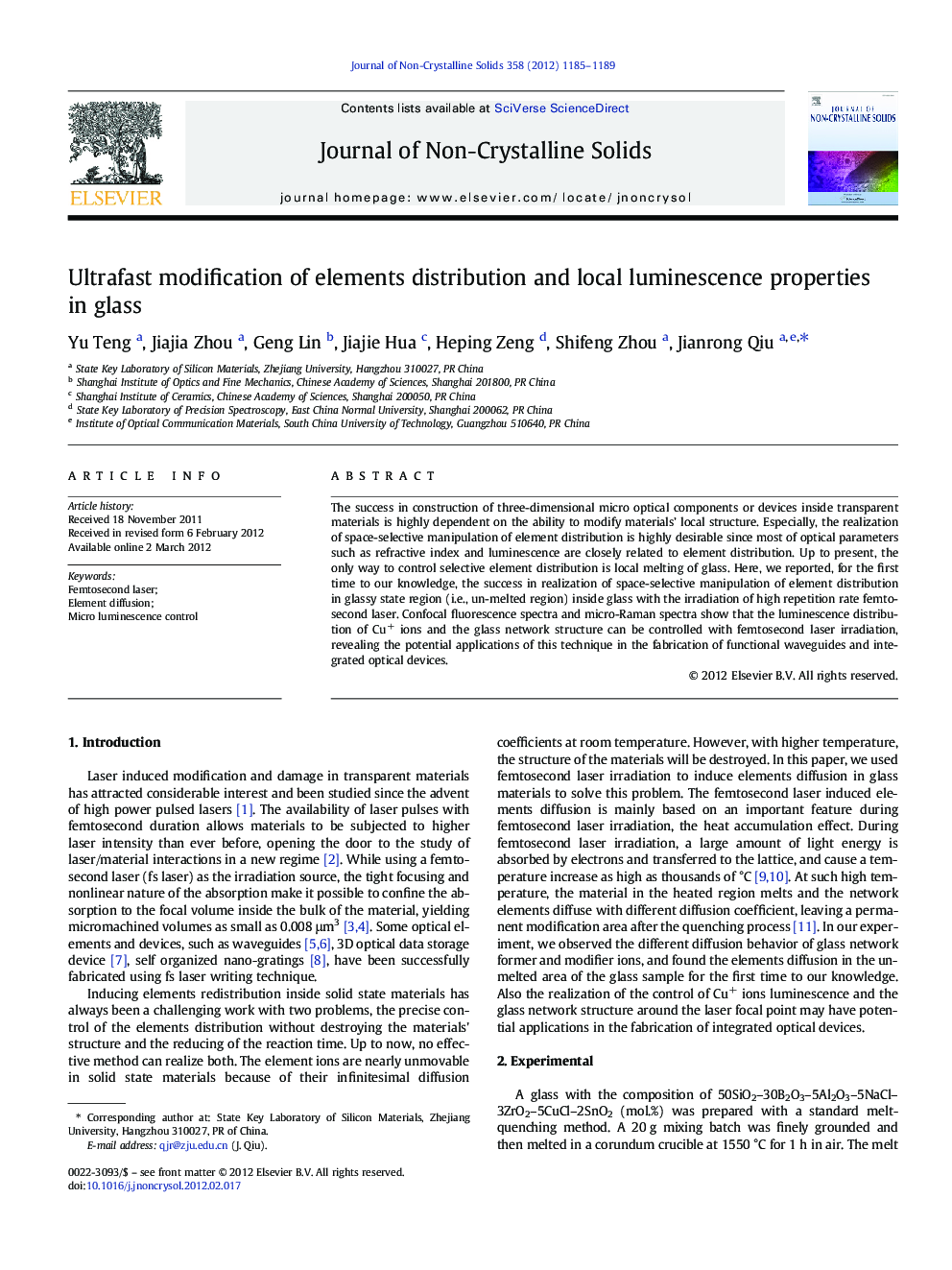 Ultrafast modification of elements distribution and local luminescence properties in glass