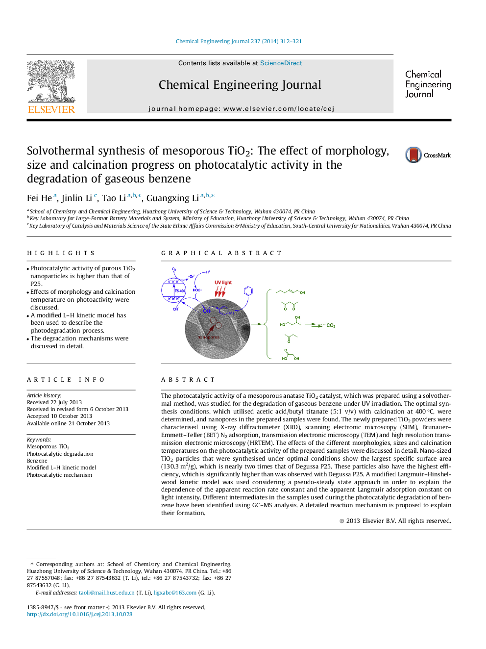 عکس صفحه اول مقاله: Solvothermal synthesis of mesoporous TiO2: The effect of morphology, size and calcination progress on photocatalytic activity in the degradation of gaseous benzene Solvothermal synthesis of mesoporous TiO2: The effect of morphology, size and calcination progress on photocatalytic activity in the degradation of gaseous benzene