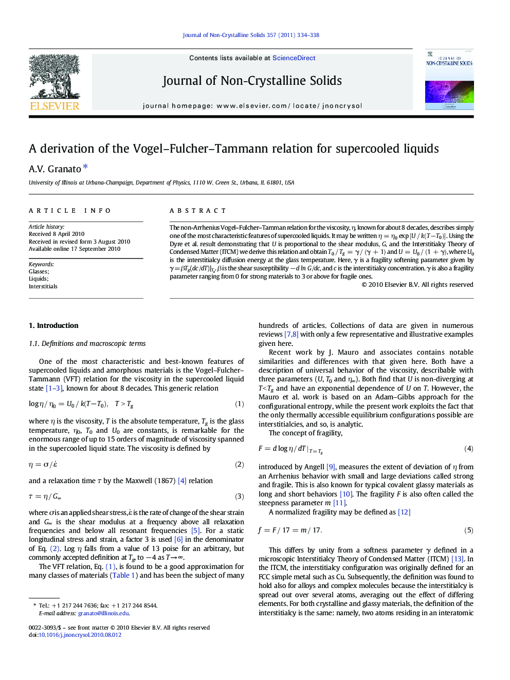 A derivation of the Vogel–Fulcher–Tammann relation for supercooled liquids