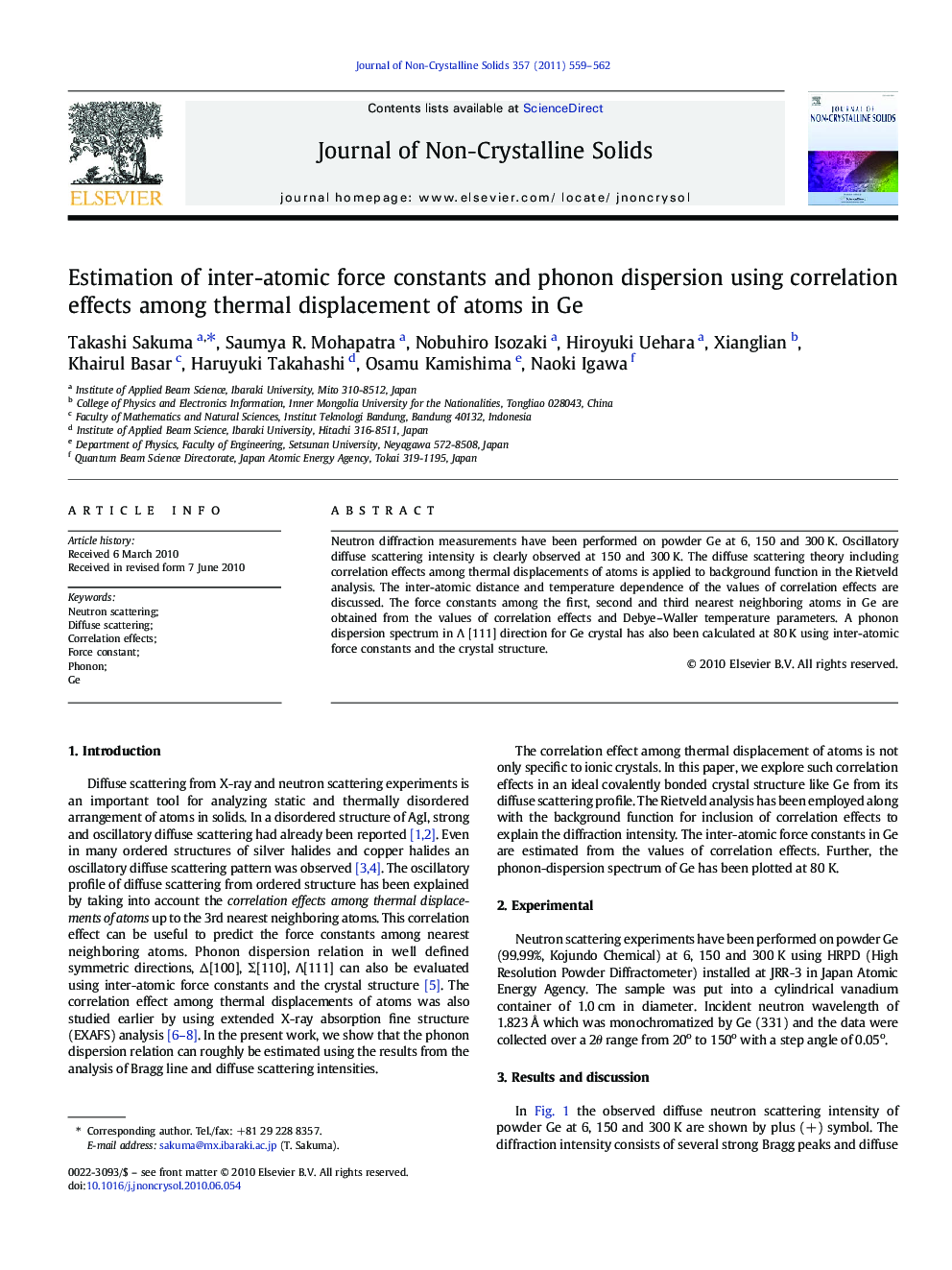 Estimation of inter-atomic force constants and phonon dispersion using correlation effects among thermal displacement of atoms in Ge