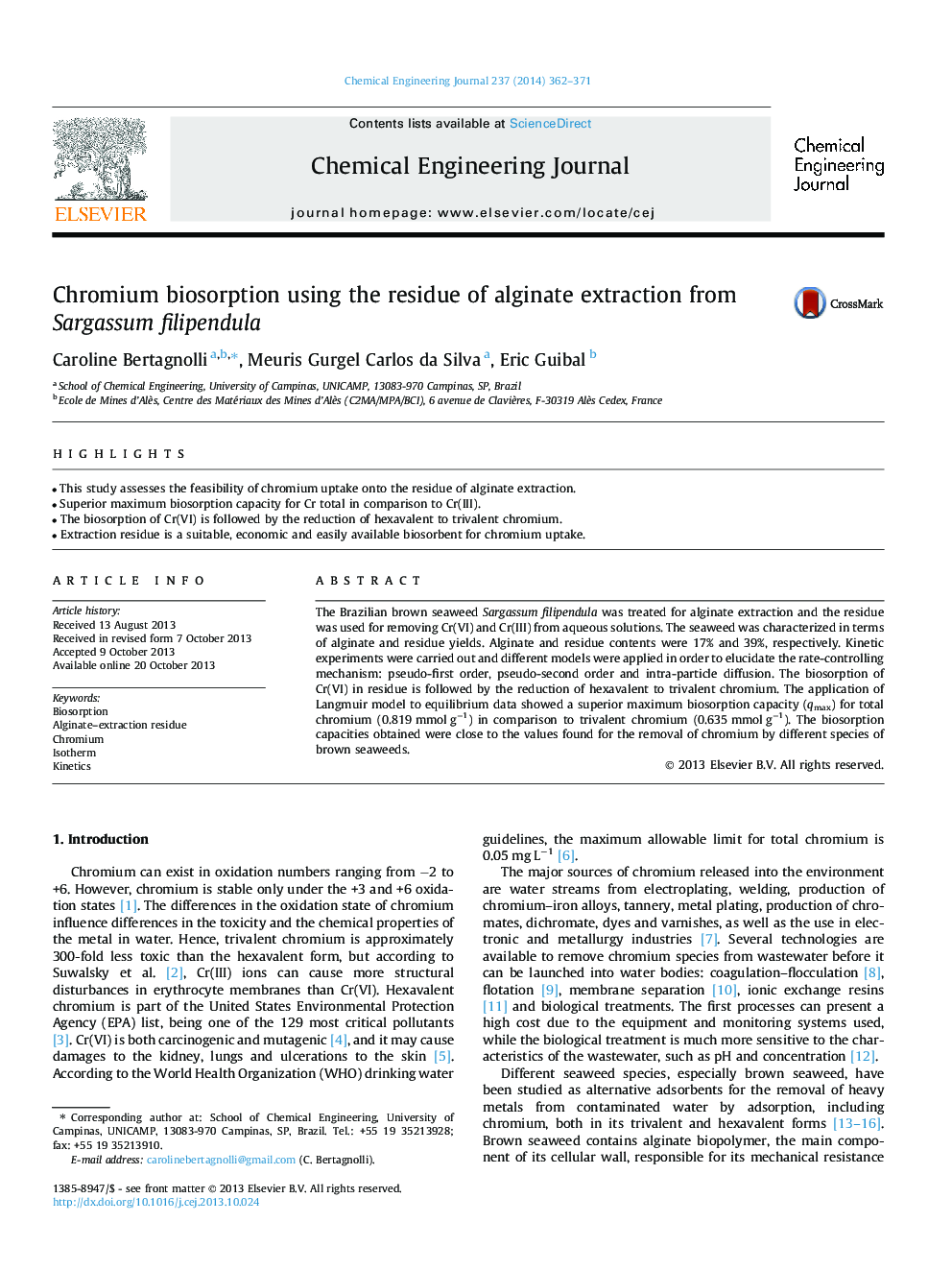 عکس صفحه اول مقاله: Chromium biosorption using the residue of alginate extraction from Sargassum filipendula Chromium biosorption using the residue of alginate extraction from Sargassum filipendula