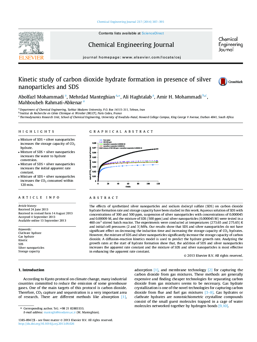 عکس صفحه اول مقاله: Kinetic study of carbon dioxide hydrate formation in presence of silver nanoparticles and SDS Kinetic study of carbon dioxide hydrate formation in presence of silver nanoparticles and SDS