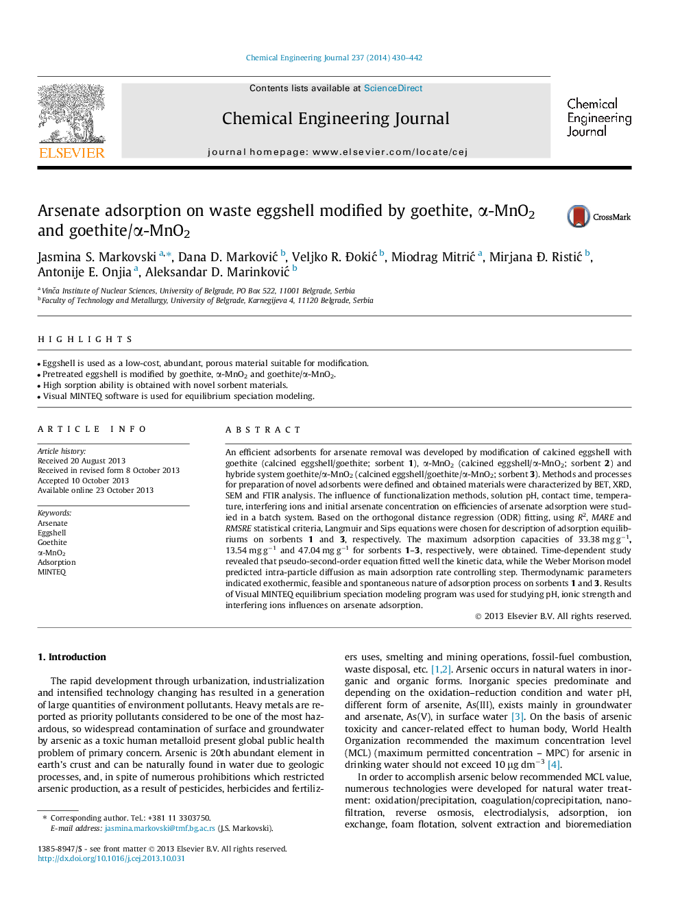 Arsenate adsorption on waste eggshell modified by goethite, α-MnO2 and goethite/α-MnO2