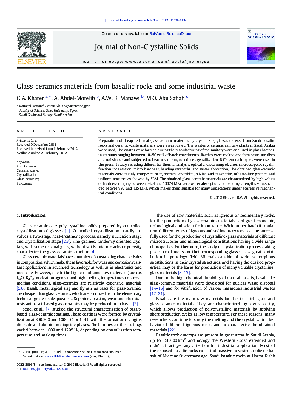 عکس صفحه اول مقاله: Glass-ceramics materials from basaltic rocks and some industrial waste Glass-ceramics materials from basaltic rocks and some industrial waste