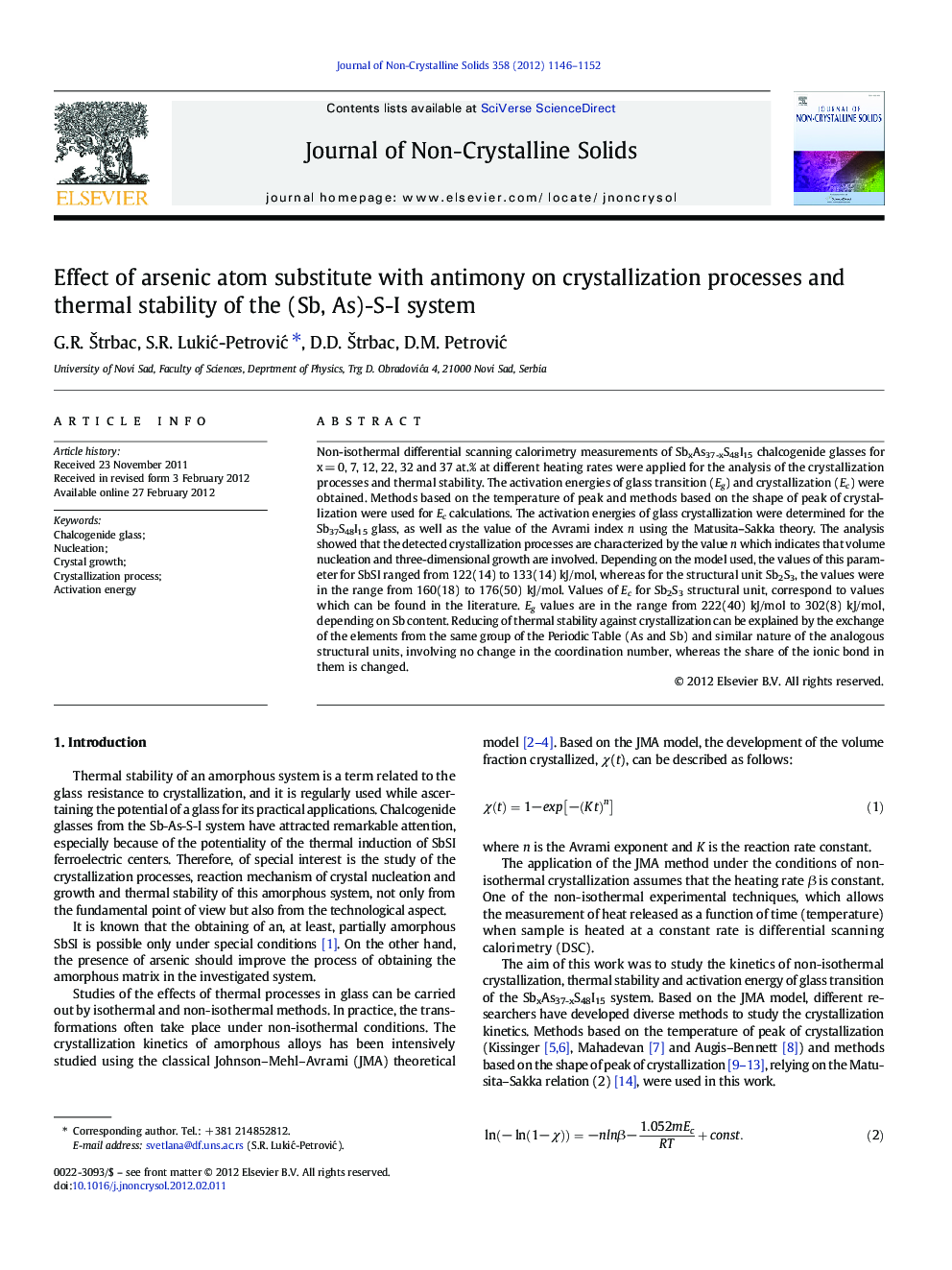 Effect of arsenic atom substitute with antimony on crystallization processes and thermal stability of the (Sb, As)-S-I system