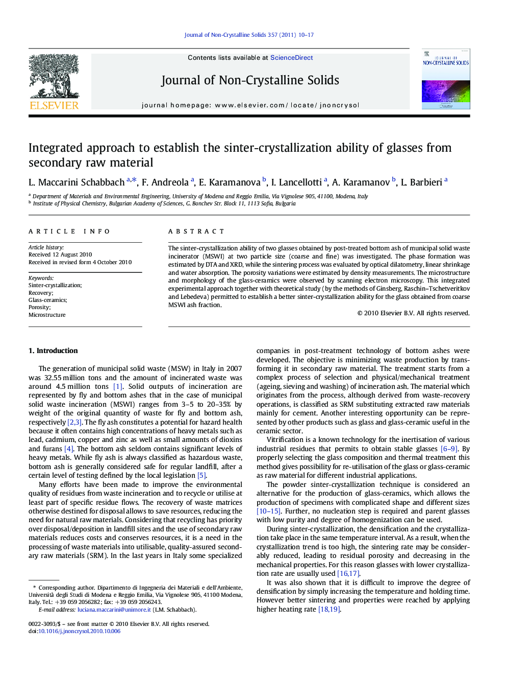 عکس صفحه اول مقاله: Integrated approach to establish the sinter-crystallization ability of glasses from secondary raw material Integrated approach to establish the sinter-crystallization ability of glasses from secondary raw material
