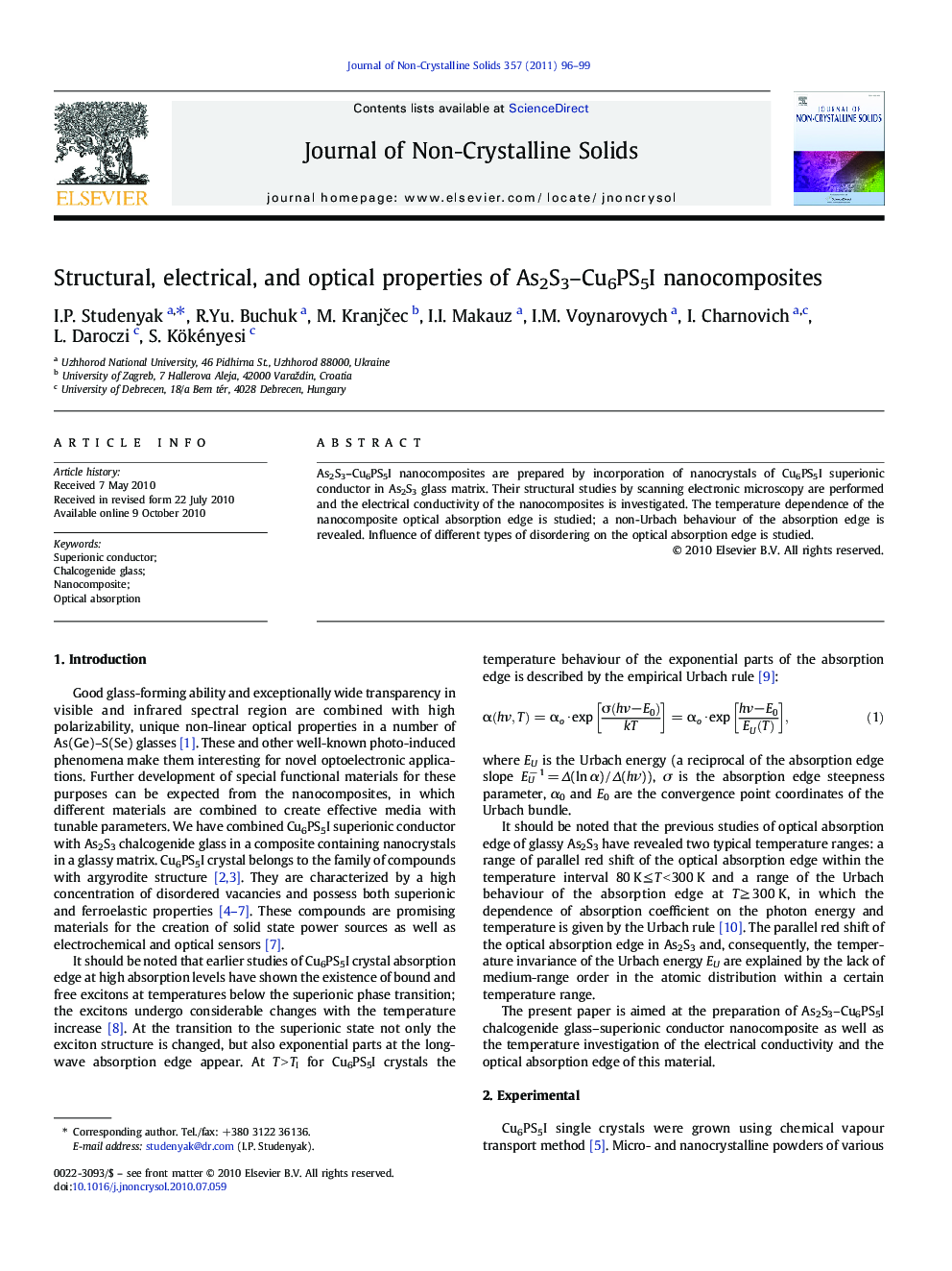 Structural, electrical, and optical properties of As2S3–Cu6PS5I nanocomposites