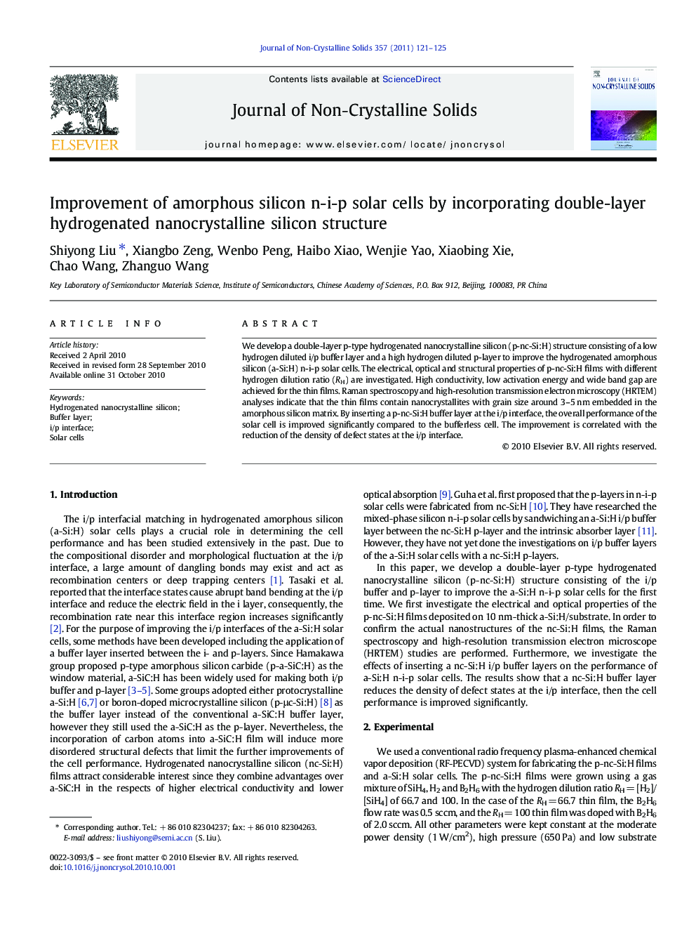 عکس صفحه اول مقاله: Improvement of amorphous silicon n-i-p solar cells by incorporating double-layer hydrogenated nanocrystalline silicon structure Improvement of amorphous silicon n-i-p solar cells by incorporating double-layer hydrogenated nanocrystalline silicon structure