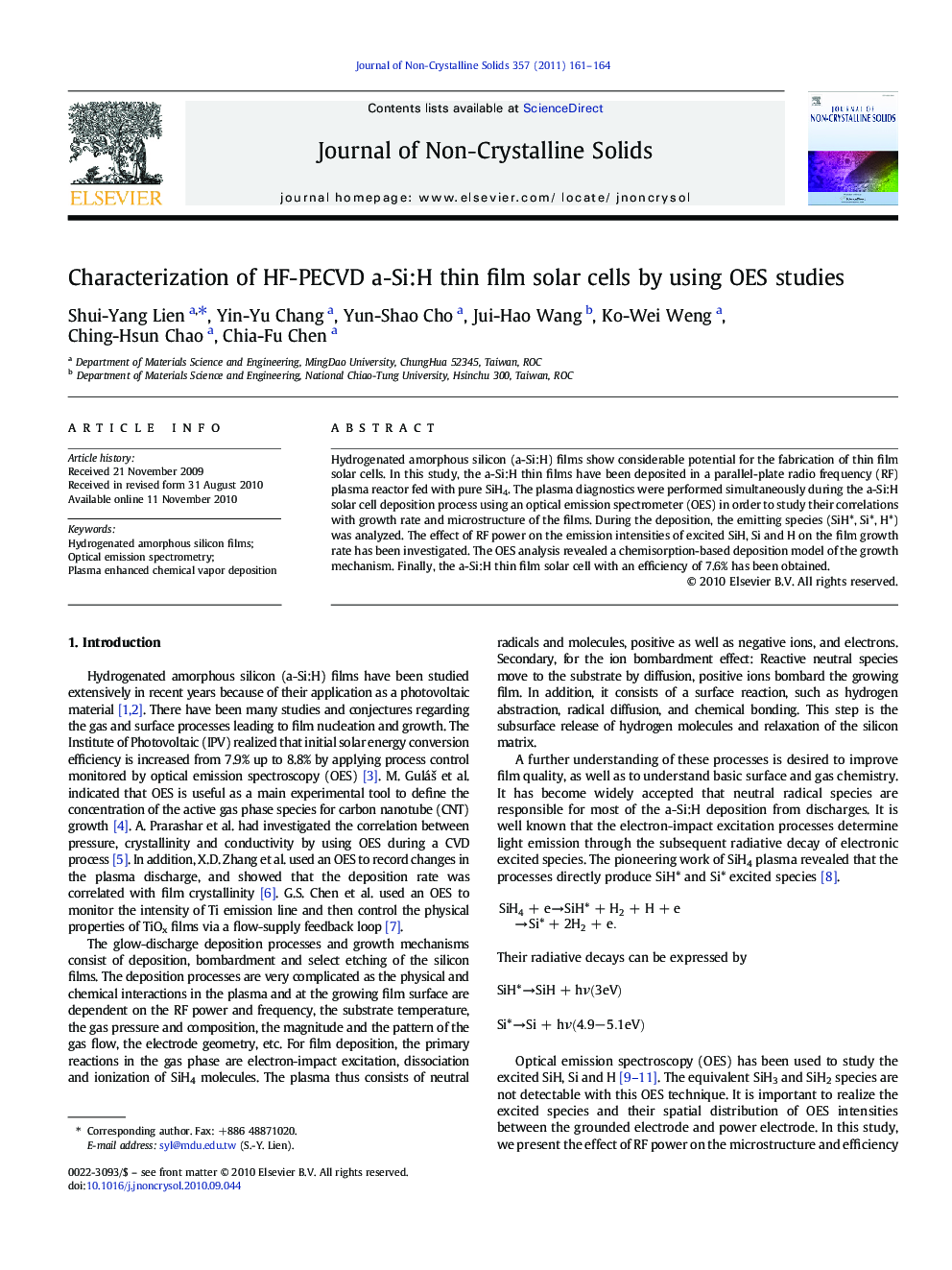 Characterization of HF-PECVD a-Si:H thin film solar cells by using OES studies