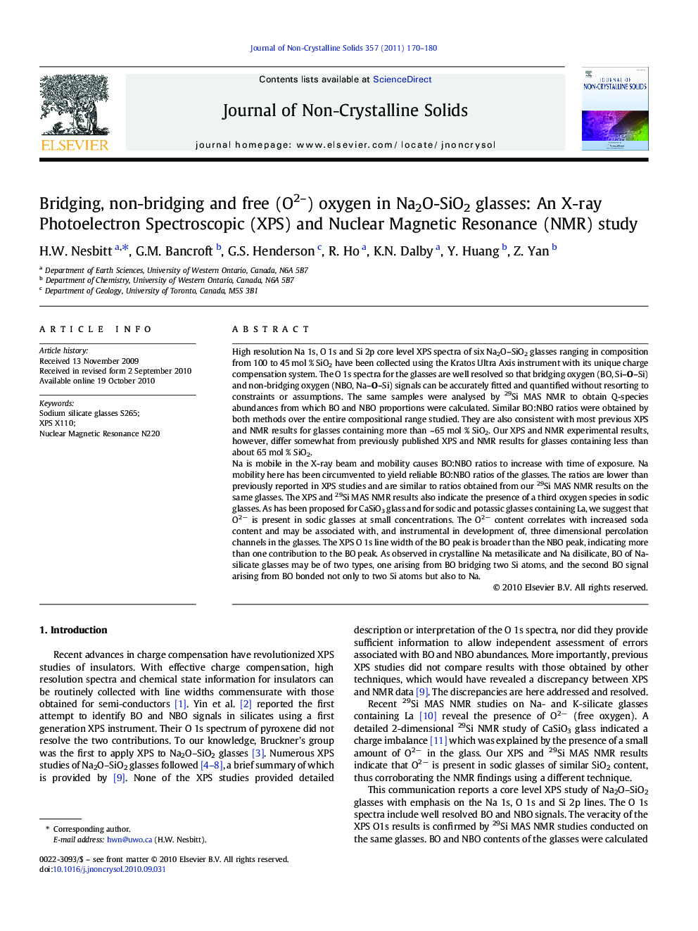 عکس صفحه اول مقاله: Bridging, non-bridging and free (O2–) oxygen in Na2O-SiO2 glasses: An X-ray Photoelectron Spectroscopic (XPS) and Nuclear Magnetic Resonance (NMR) study Bridging, non-bridging and free (O2–) oxygen in Na2O-SiO2 glasses: An X-ray Photoelectron Spectroscopic (XPS) and Nuclear Magnetic Resonance (NMR) study