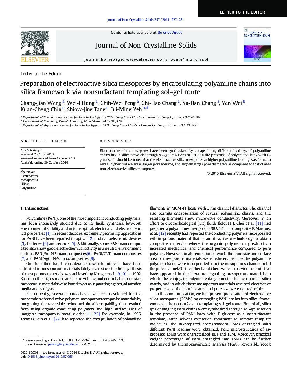 Preparation of electroactive silica mesopores by encapsulating polyaniline chains into silica framework via nonsurfactant templating sol–gel route