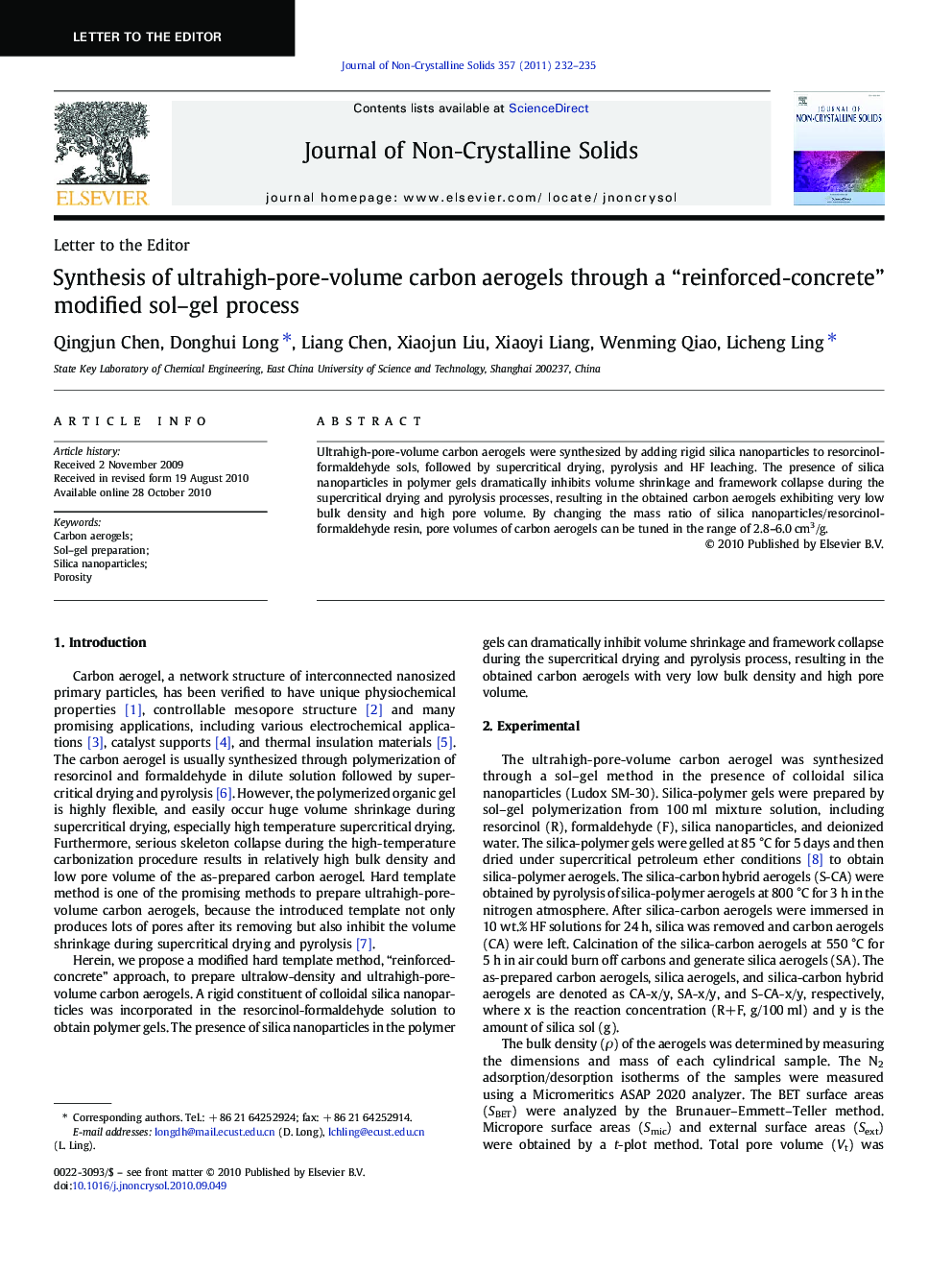 Synthesis of ultrahigh-pore-volume carbon aerogels through a “reinforced-concrete” modified sol–gel process