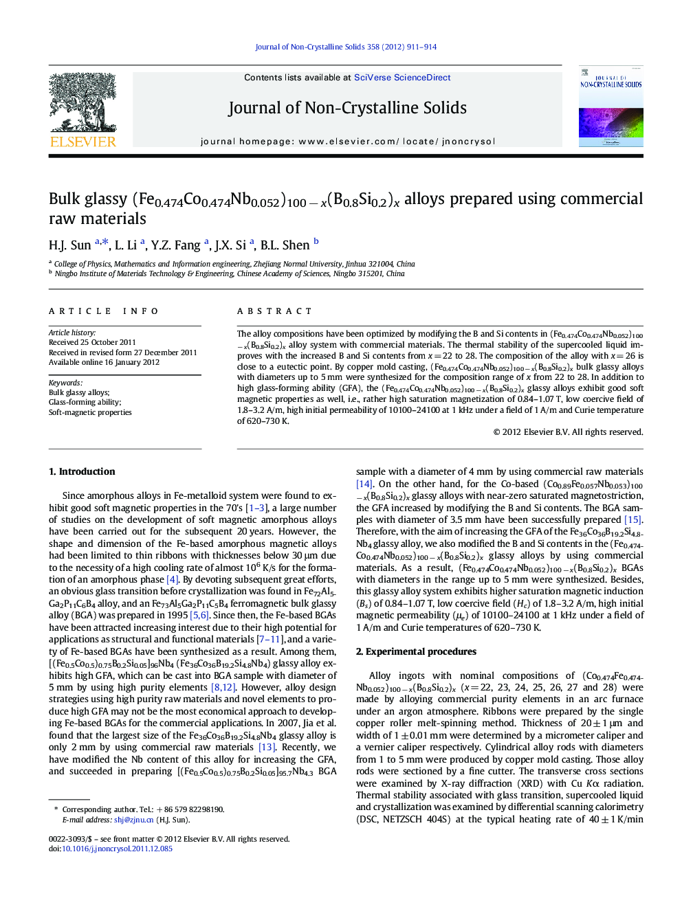 Bulk glassy (Fe0.474Co0.474Nb0.052)100 − x(B0.8Si0.2)x alloys prepared using commercial raw materials