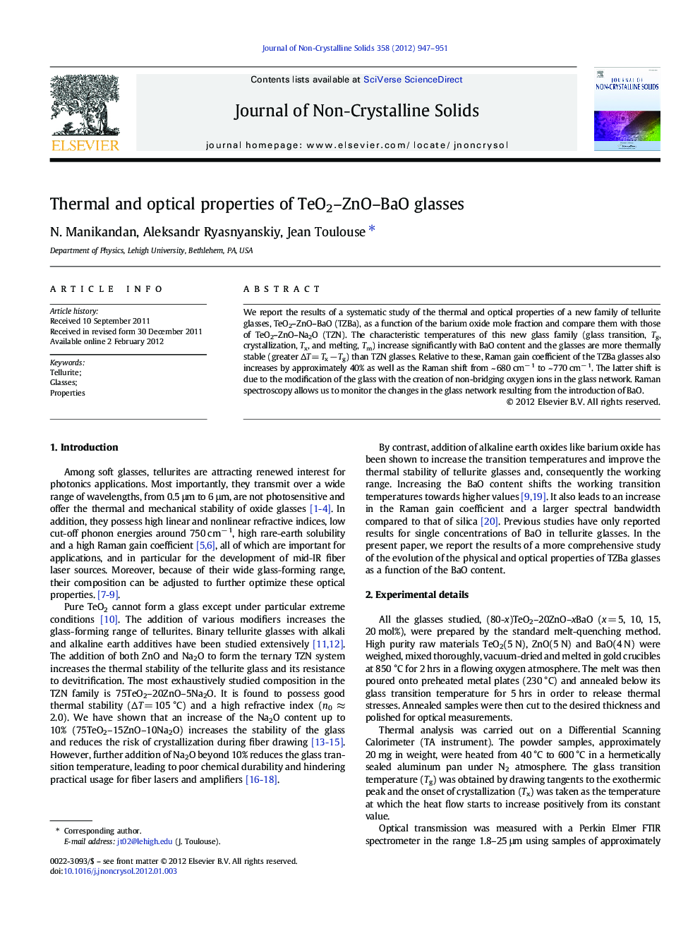 Thermal and optical properties of TeO2–ZnO–BaO glasses