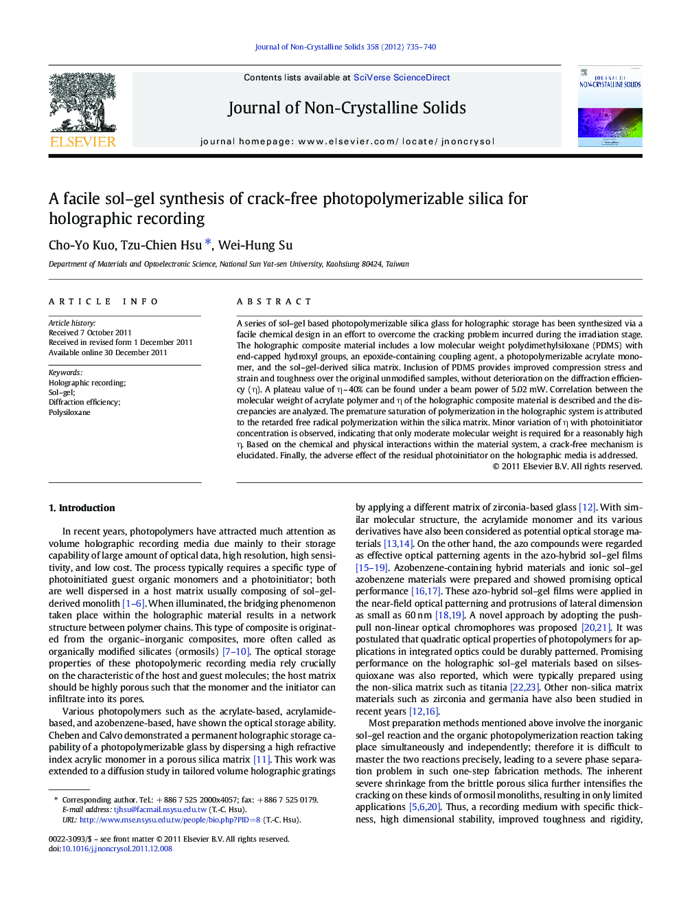 A facile sol–gel synthesis of crack-free photopolymerizable silica for holographic recording