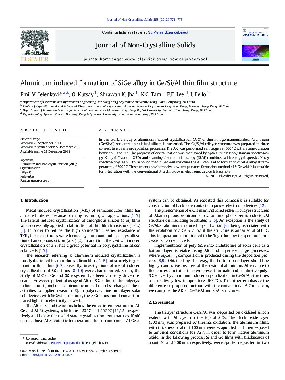 Aluminum induced formation of SiGe alloy in Ge/Si/Al thin film structure