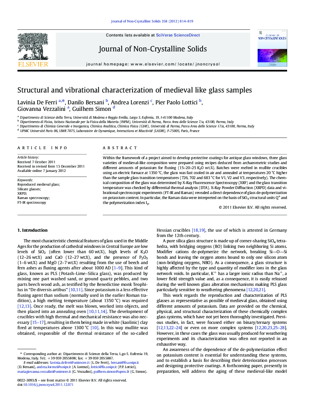 Structural and vibrational characterization of medieval like glass samples