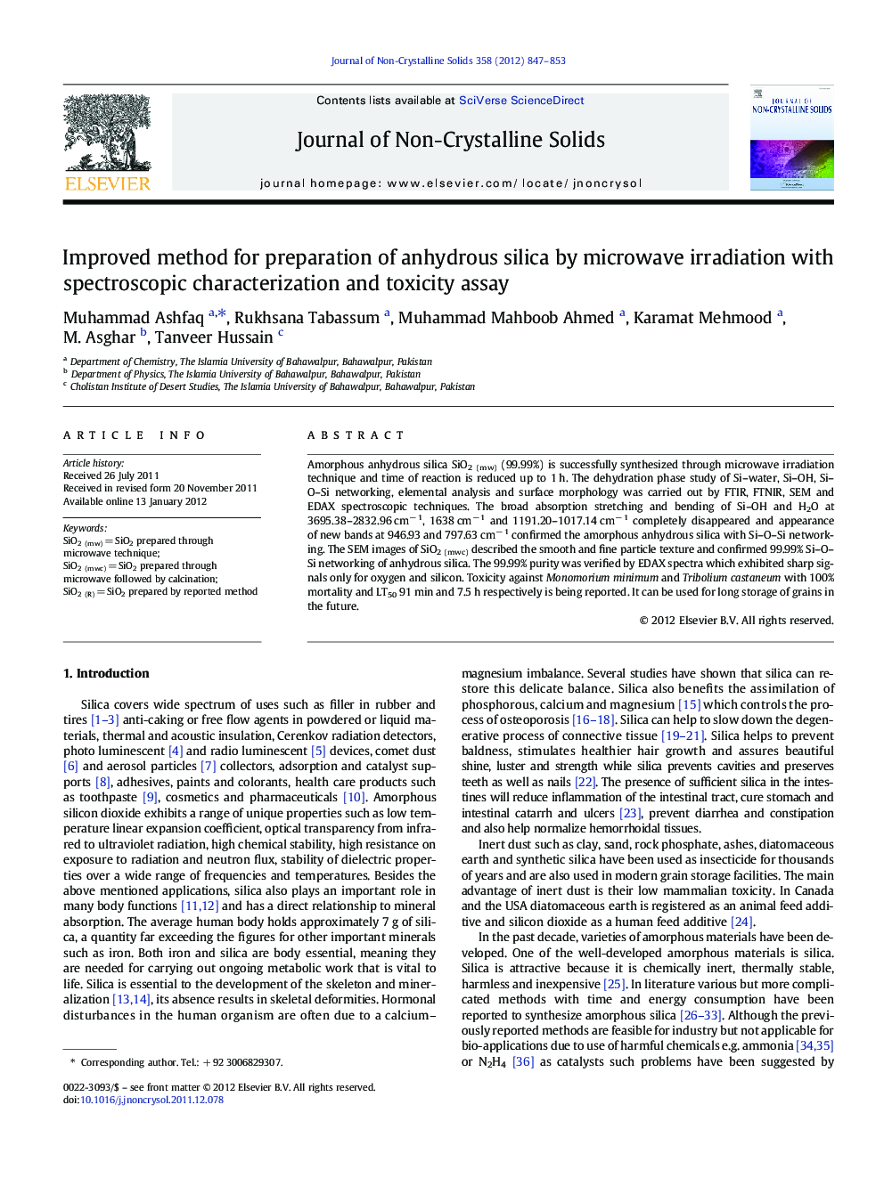 Improved method for preparation of anhydrous silica by microwave irradiation with spectroscopic characterization and toxicity assay