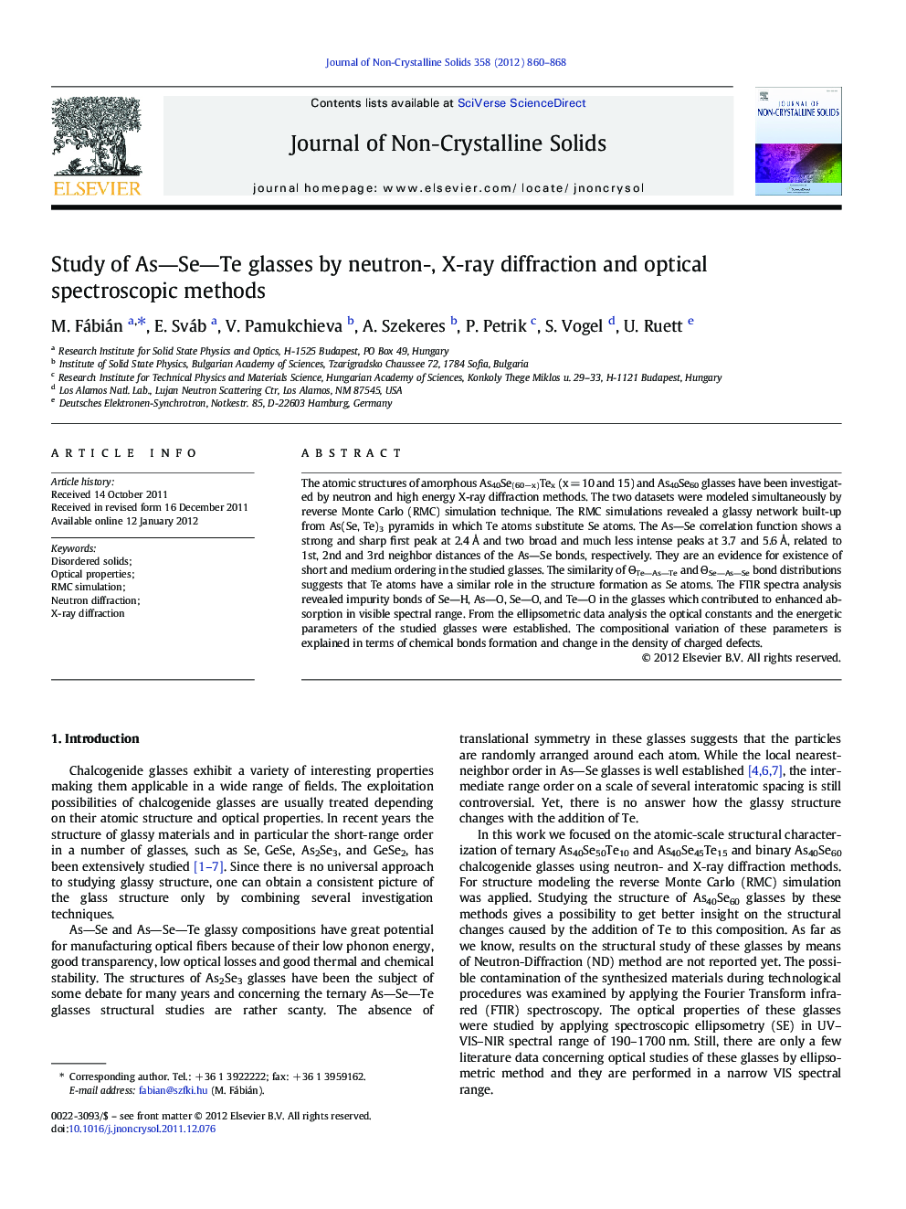 Study of AsâSeâTe glasses by neutron-, X-ray diffraction and optical spectroscopic methods