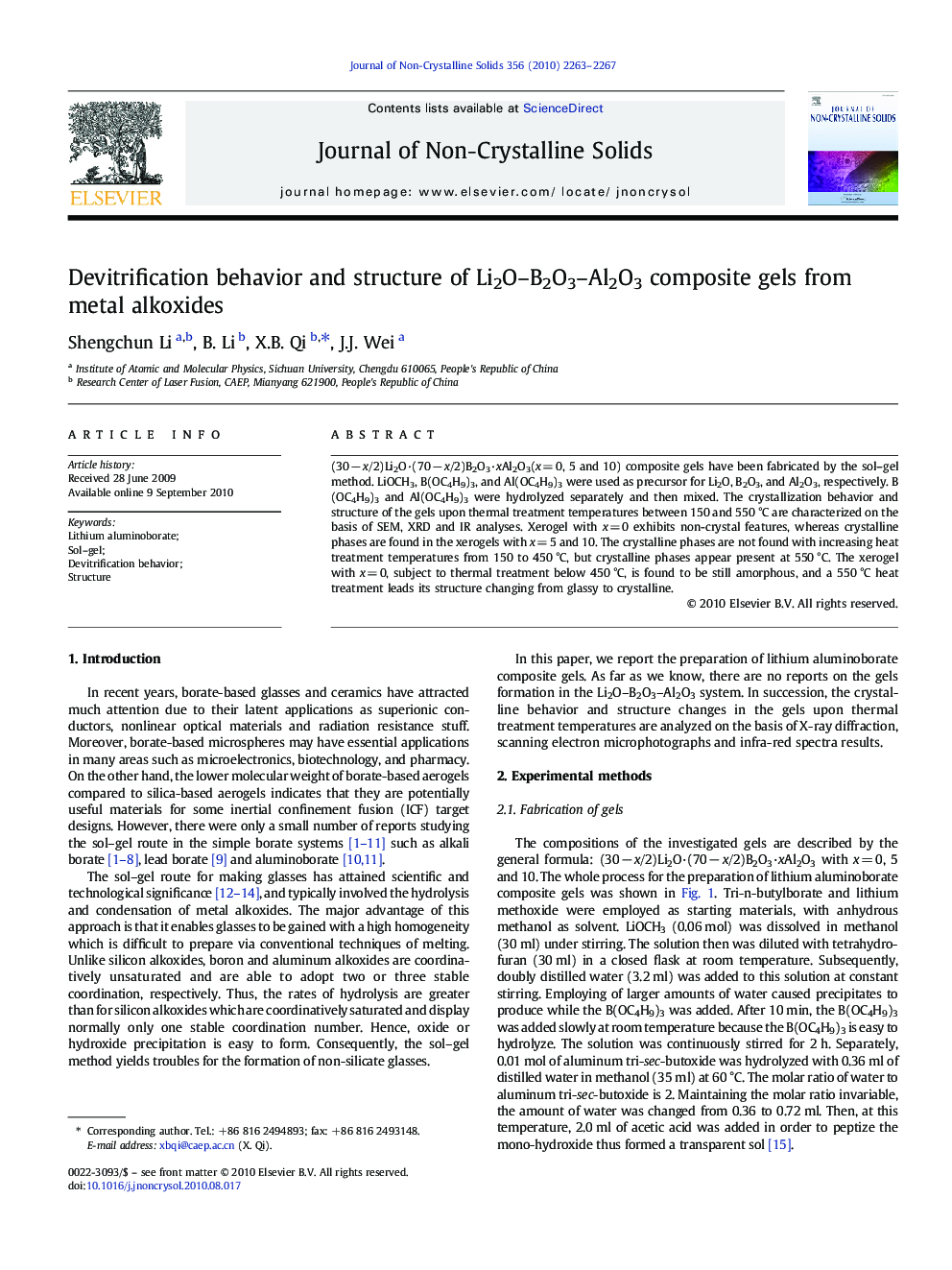 Devitrification behavior and structure of Li2O–B2O3–Al2O3 composite gels from metal alkoxides