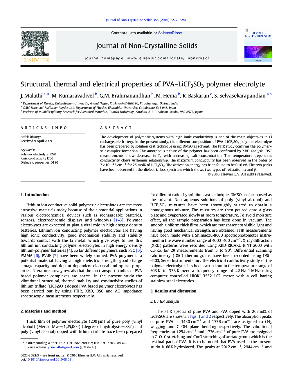 Structural, thermal and electrical properties of PVA–LiCF3SO3 polymer electrolyte